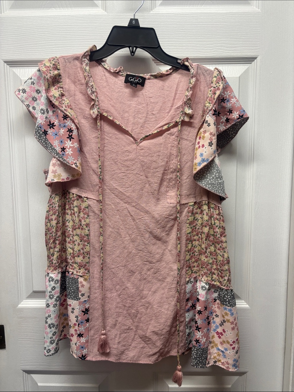 Grigio Pink Floral Patchwork Ruffle-Sleeve Tunic Top Small